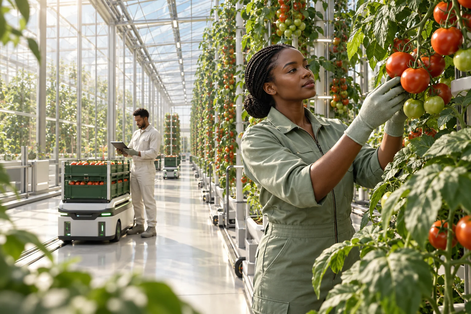 Crop technicians inspect tomatoes in a modern greenhouse alongside an automated produce trolley.